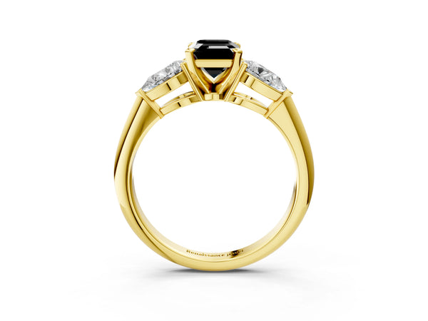 Yellow Gold Emerald Cut Three Stone Engagement Ring Setting for Black Center with Pear Side Stones