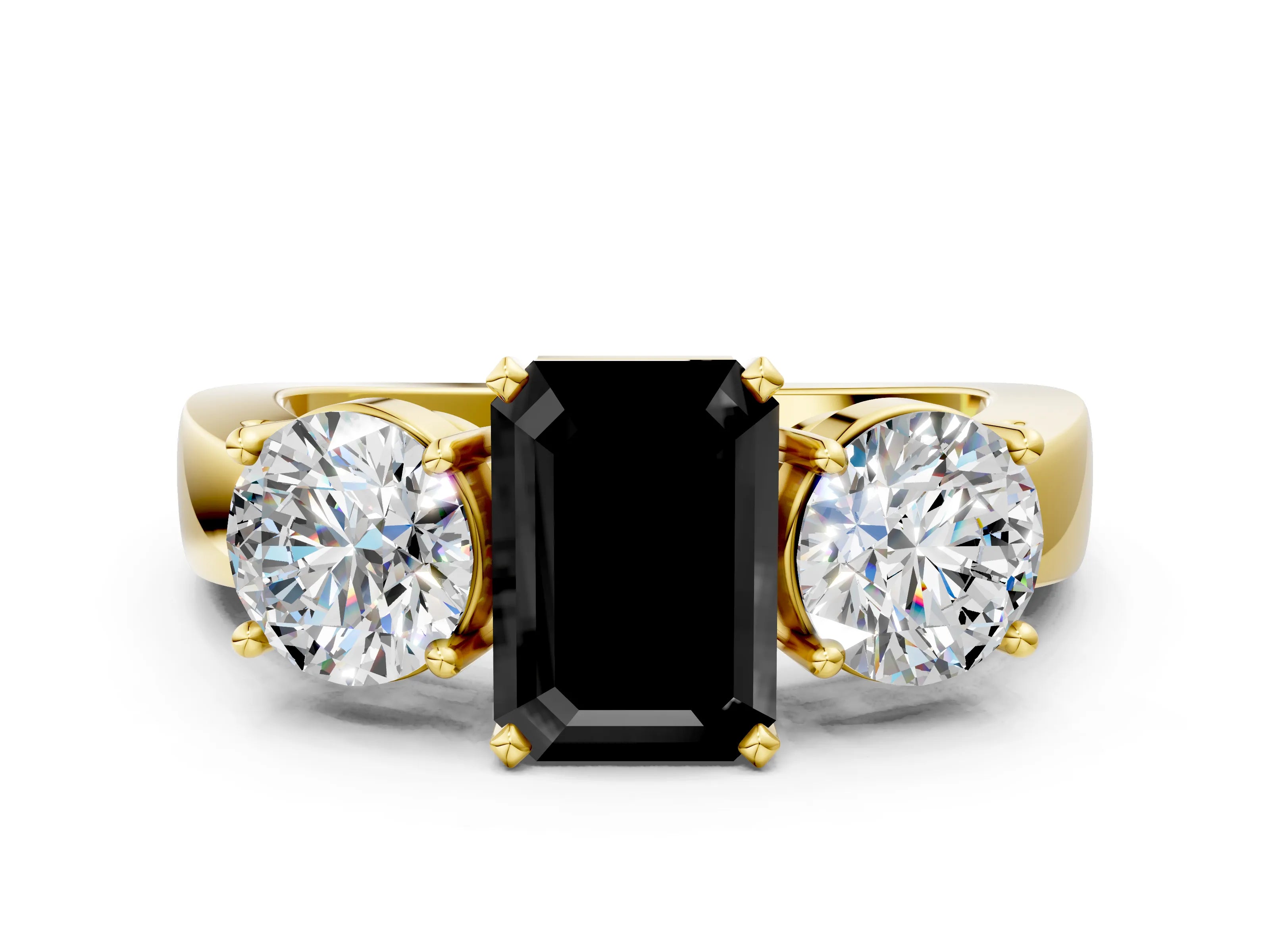 Yellow gold Three-Stone Fancy Black Emerald Cut Diamond Ring with Round Side Stones, Classic Band, and Four-Prong Setting