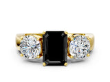 Yellow gold Three-Stone Fancy Black Emerald Cut Diamond Ring with Round Side Stones, Classic Band, and Four-Prong Setting