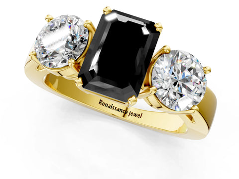 Yellow gold Three-Stone Fancy Black Emerald Cut Diamond Ring with Round Side Stones, Classic Band, and Four-Prong Setting_1