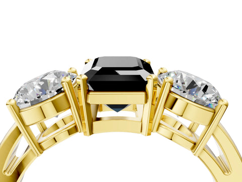 Yellow gold Three-Stone Fancy Black Emerald Cut Diamond Ring with Round Side Stones, Classic Band, and Four-Prong Setting_4