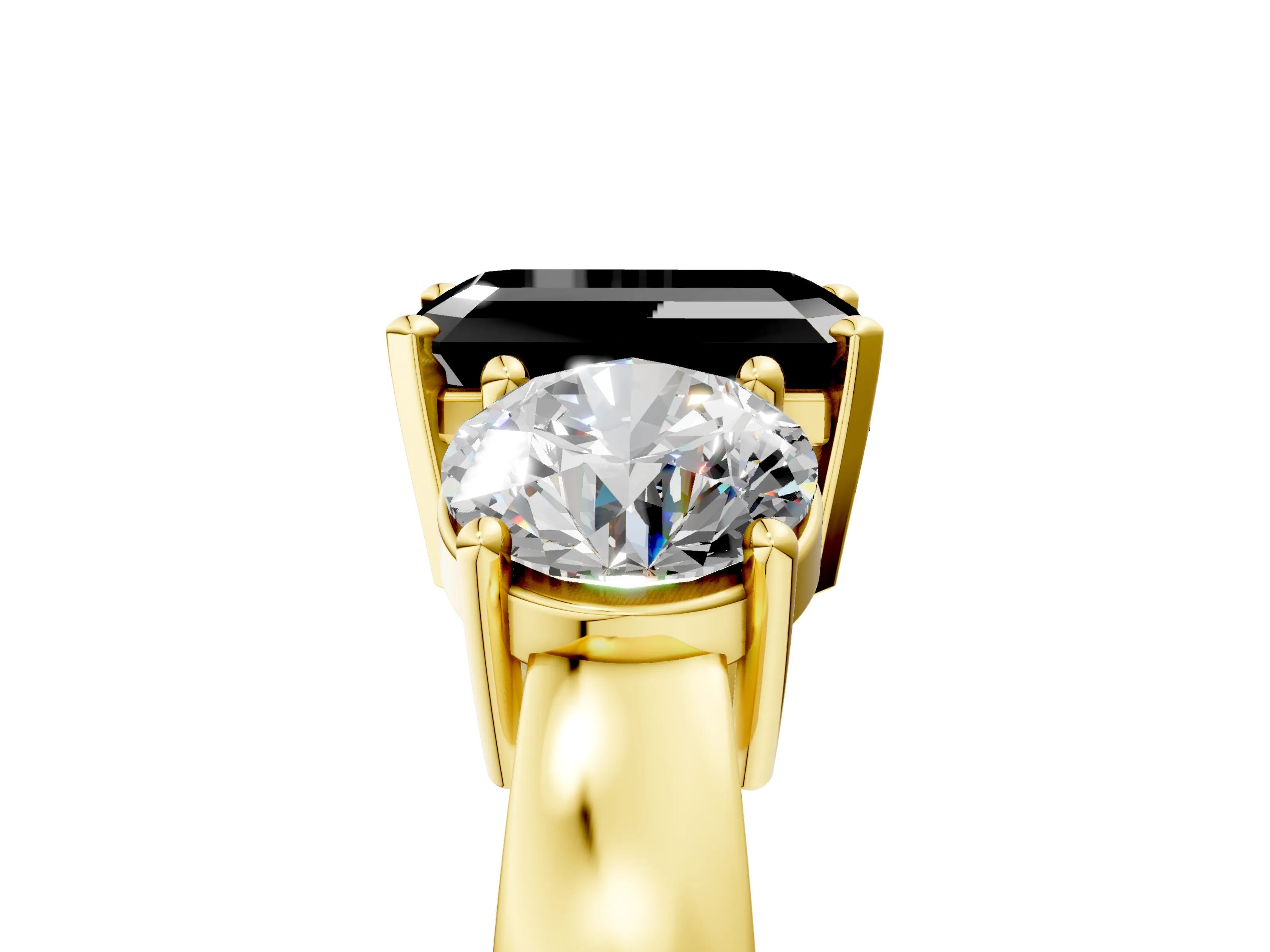 Yellow gold Three-Stone Fancy Black Emerald Cut Diamond Ring with Round Side Stones, Classic Band, and Four-Prong Setting_5