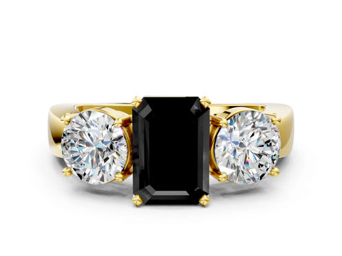 Yellow gold Three-Stone Fancy Black Emerald Cut Diamond Ring with Round Side Stones, Classic Band, and Four-Prong Setting