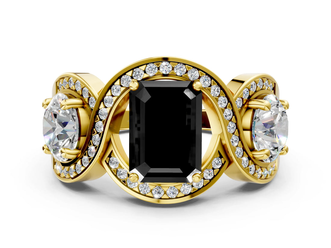 Yellow gold Three-Stone Fancy Black Emerald Cut Diamond Wave Pave Band with Prong Setting