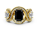 Yellow gold Three-Stone Fancy Black Emerald Cut Diamond Wave Pave Band with Prong Setting