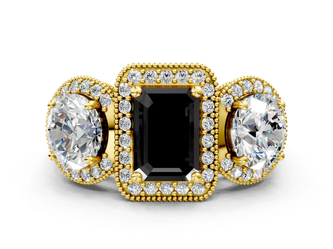 Yellow gold Three-Stone Fancy Black Emerald Cut Halo Diamond Milgrain Band with Four-Prong Setting