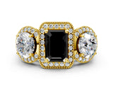 Yellow gold Three-Stone Fancy Black Emerald Cut Halo Diamond Milgrain Band with Four-Prong Setting