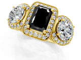 Yellow gold Three-Stone Fancy Black Emerald Cut Halo Diamond Milgrain Band with Four-Prong Setting_1