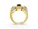 Yellow gold Three-Stone Fancy Black Emerald Cut Halo Diamond Milgrain Band with Four-Prong Setting_3