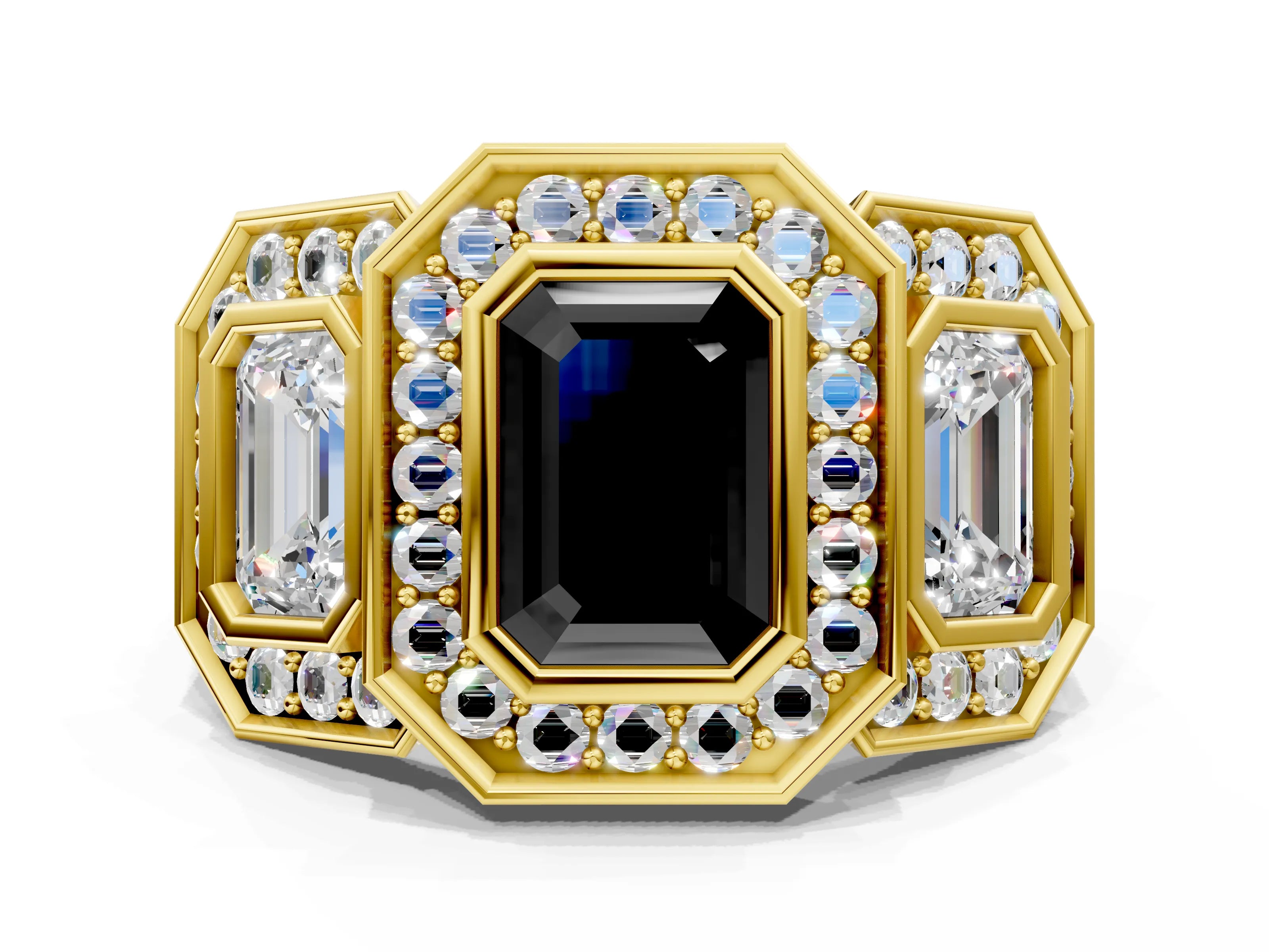 Yellow gold Three-Stone Fancy Black Emerald Cut Halo Pavé Diamond Ring