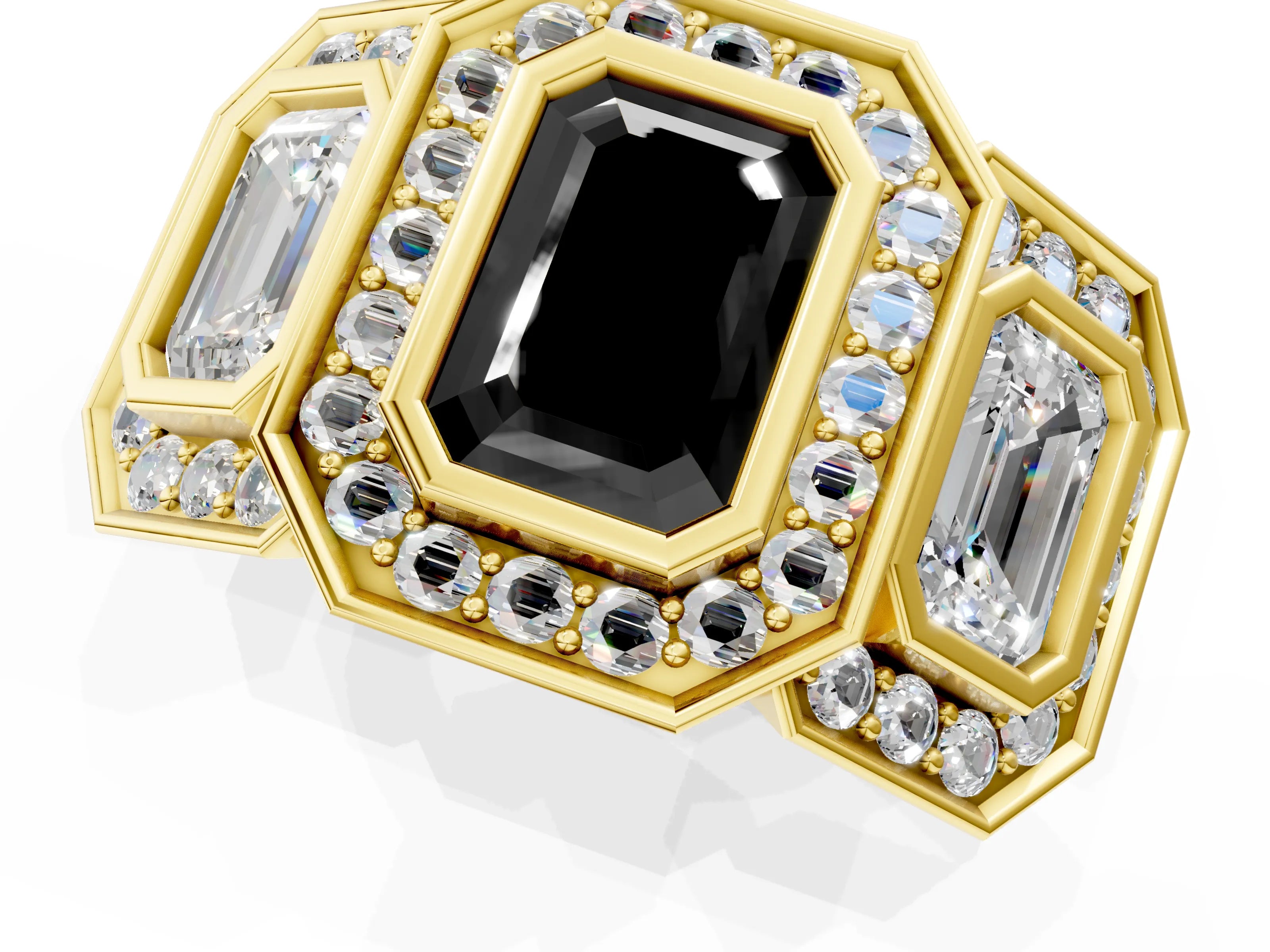 Yellow gold Three-Stone Fancy Black Emerald Cut Halo Pavé Diamond Ring_1