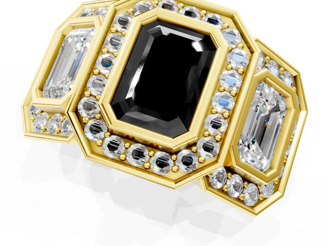 Yellow gold Three-Stone Fancy Black Emerald Cut Halo Pavé Diamond Ring_1