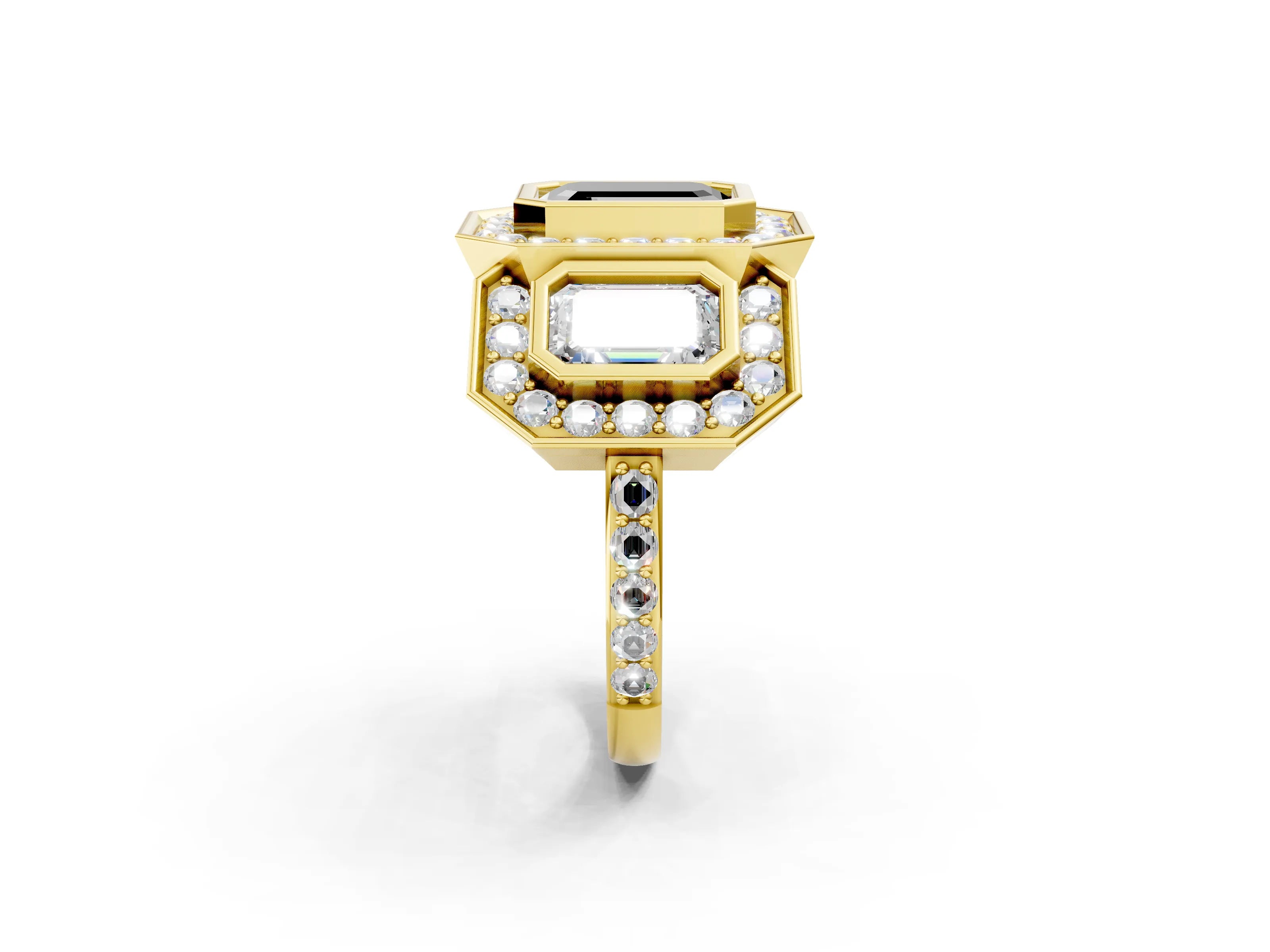 Yellow gold Three-Stone Fancy Black Emerald Cut Halo Pavé Diamond Ring_2