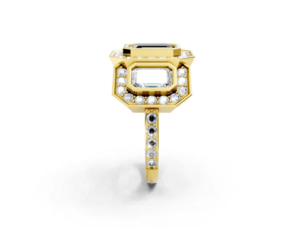 Yellow Gold Emerald Cut Bezel Three Stone Halo Engagement Ring Setting for Black Center