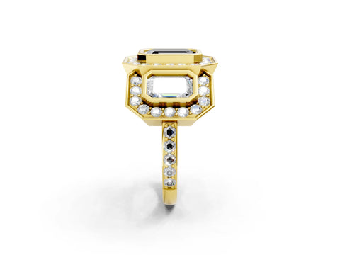 Yellow gold Three-Stone Fancy Black Emerald Cut Halo Pavé Diamond Ring_2