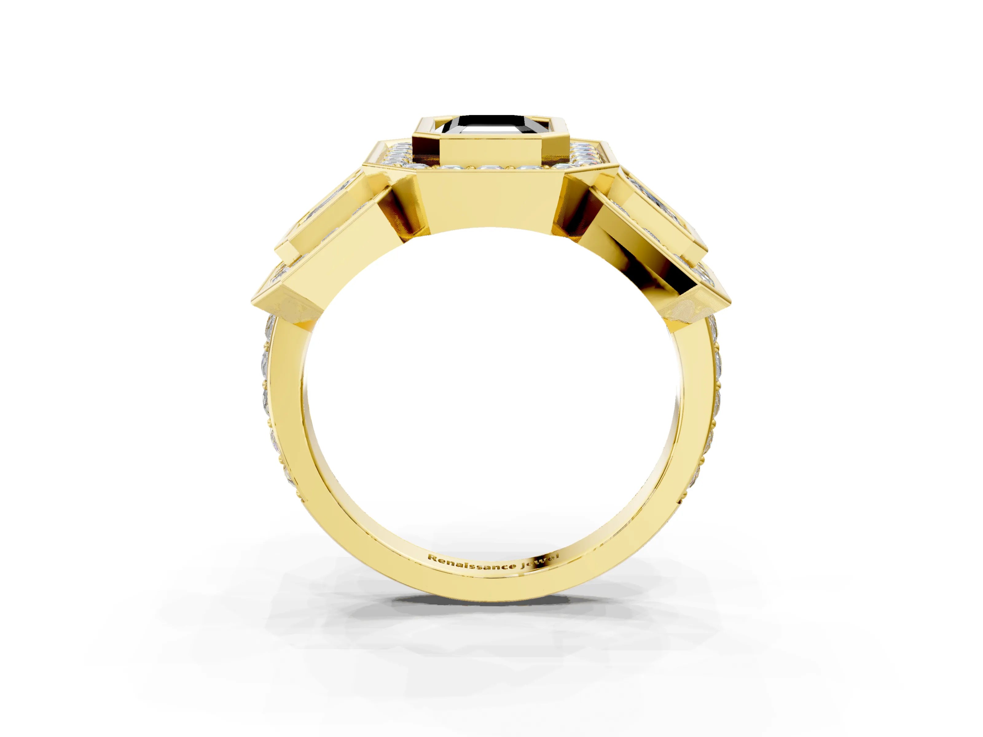 Yellow gold Three-Stone Fancy Black Emerald Cut Halo Pavé Diamond Ring_3
