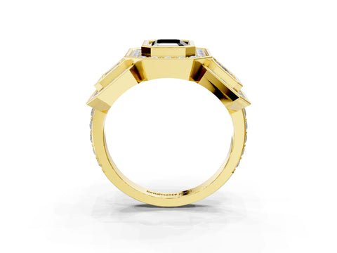 Yellow gold Three-Stone Fancy Black Emerald Cut Halo Pavé Diamond Ring_3