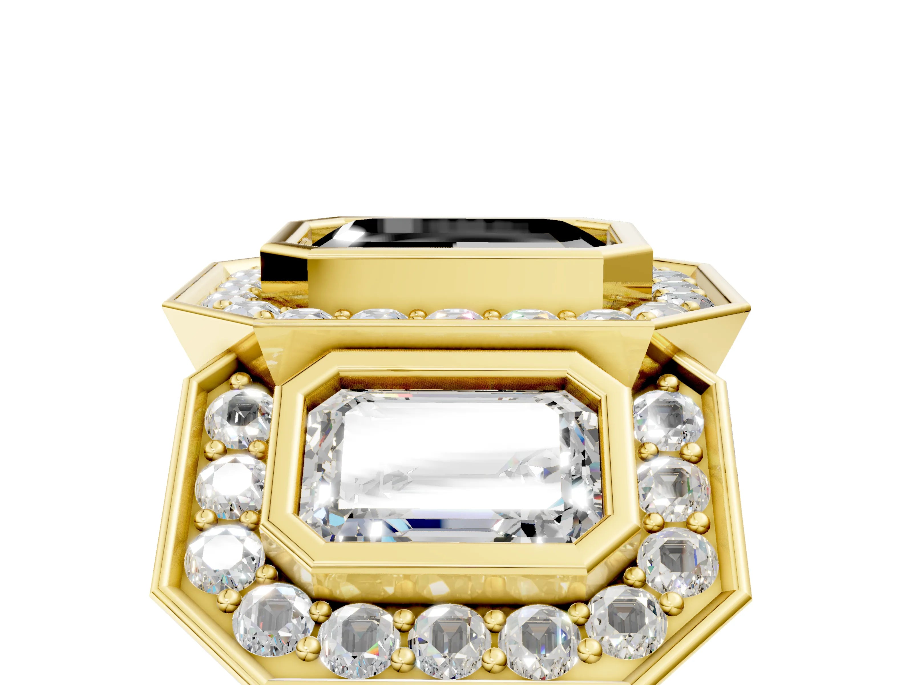 Yellow gold Three-Stone Fancy Black Emerald Cut Halo Pavé Diamond Ring_5