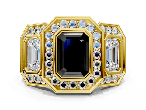 Yellow gold Three-Stone Fancy Black Emerald Cut Halo Pavé Diamond Ring