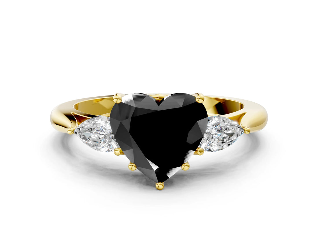 Yellow gold Three-Stone Fancy Black Heart Cut Brilliant Diamond Solitaire Ring with Tapered Band and Four-Prong Setting_6
