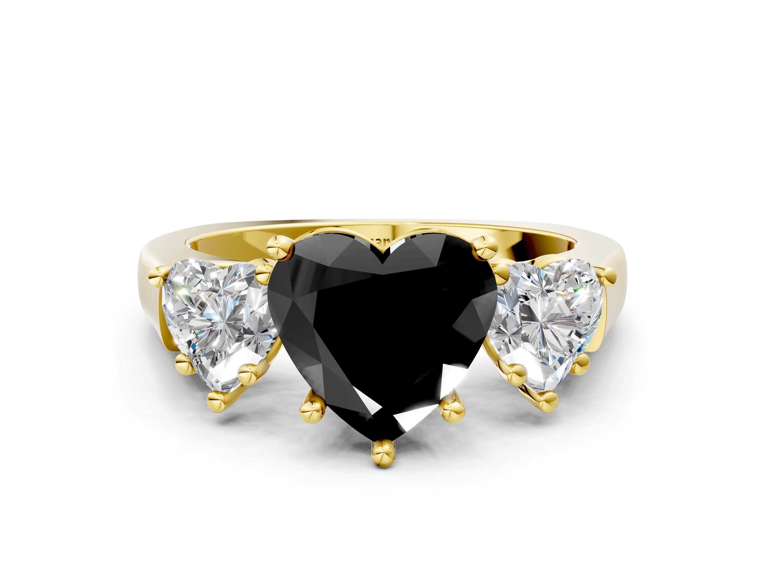 Yellow gold Three-Stone Fancy Black Heart Cut Brilliant Diamond Trellis Ring with Comfort Fit Band