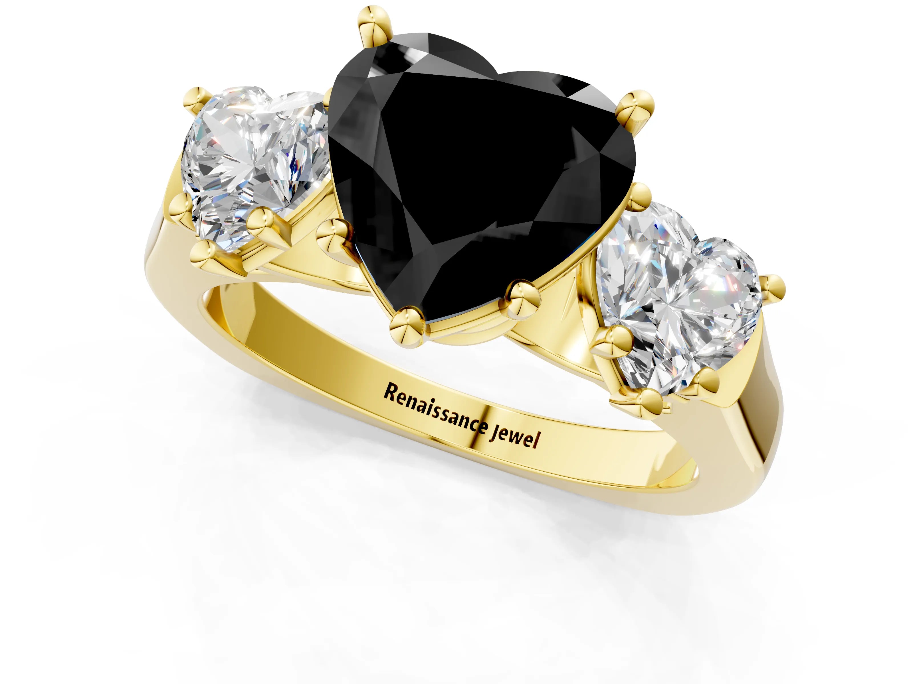 Yellow gold Three-Stone Fancy Black Heart Cut Brilliant Diamond Trellis Ring with Comfort Fit Band_1