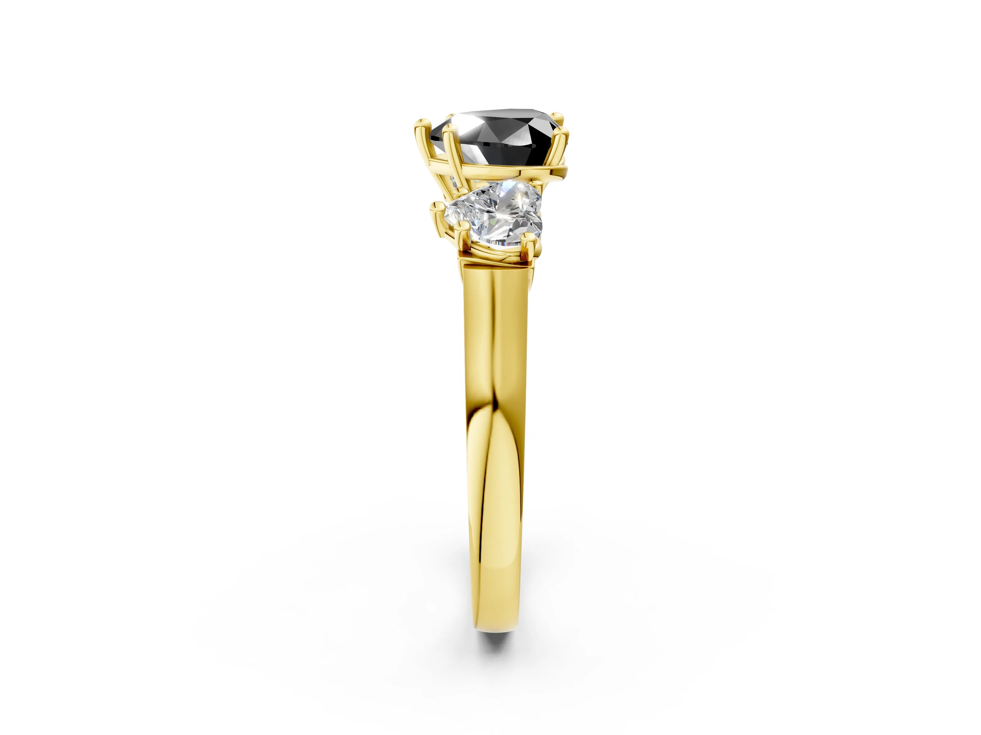 Yellow gold Three-Stone Fancy Black Heart Cut Brilliant Diamond Trellis Ring with Comfort Fit Band_2