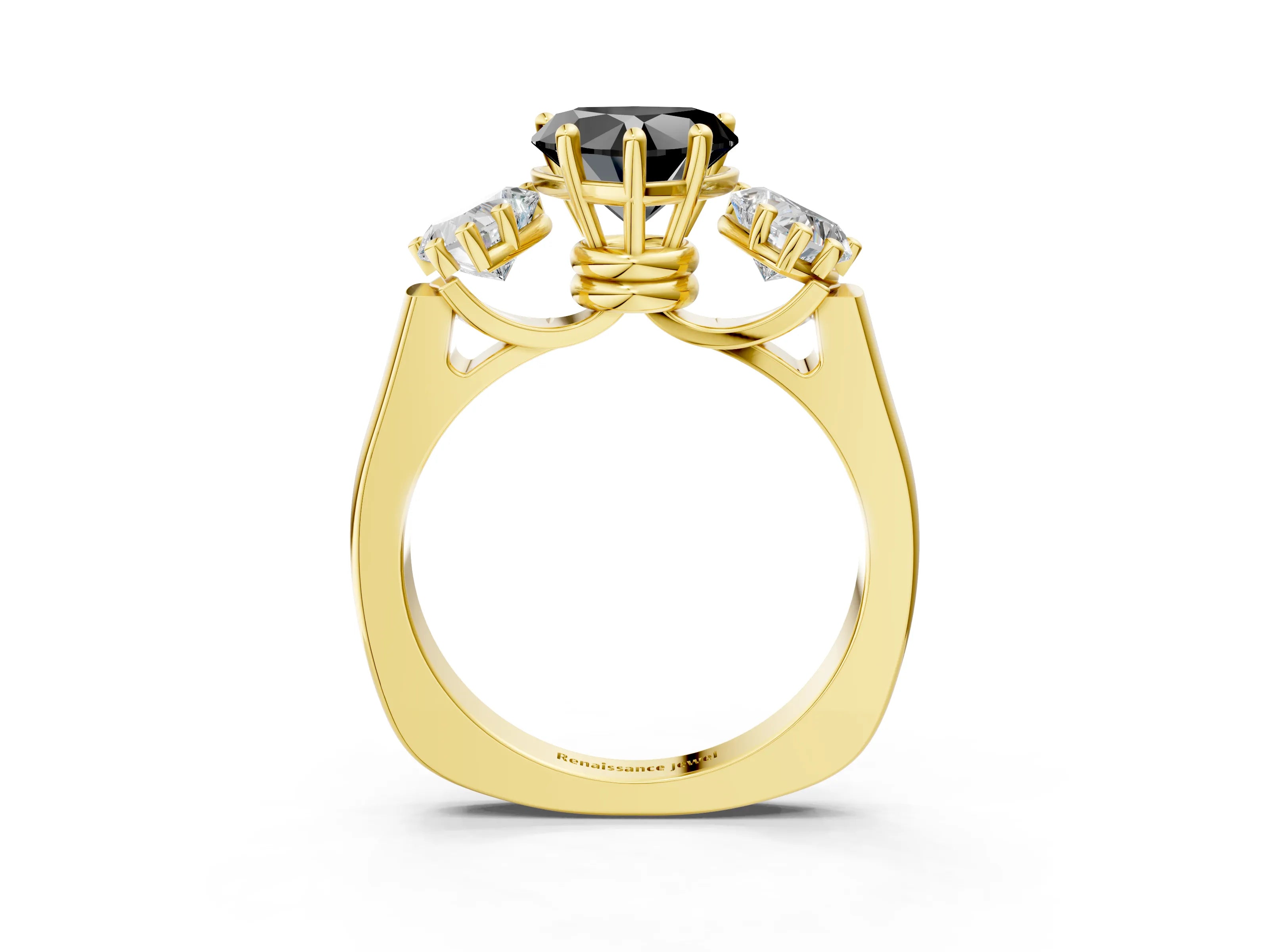 Yellow gold Three-Stone Fancy Black Heart Cut Brilliant Diamond Trellis Ring with Comfort Fit Band_3