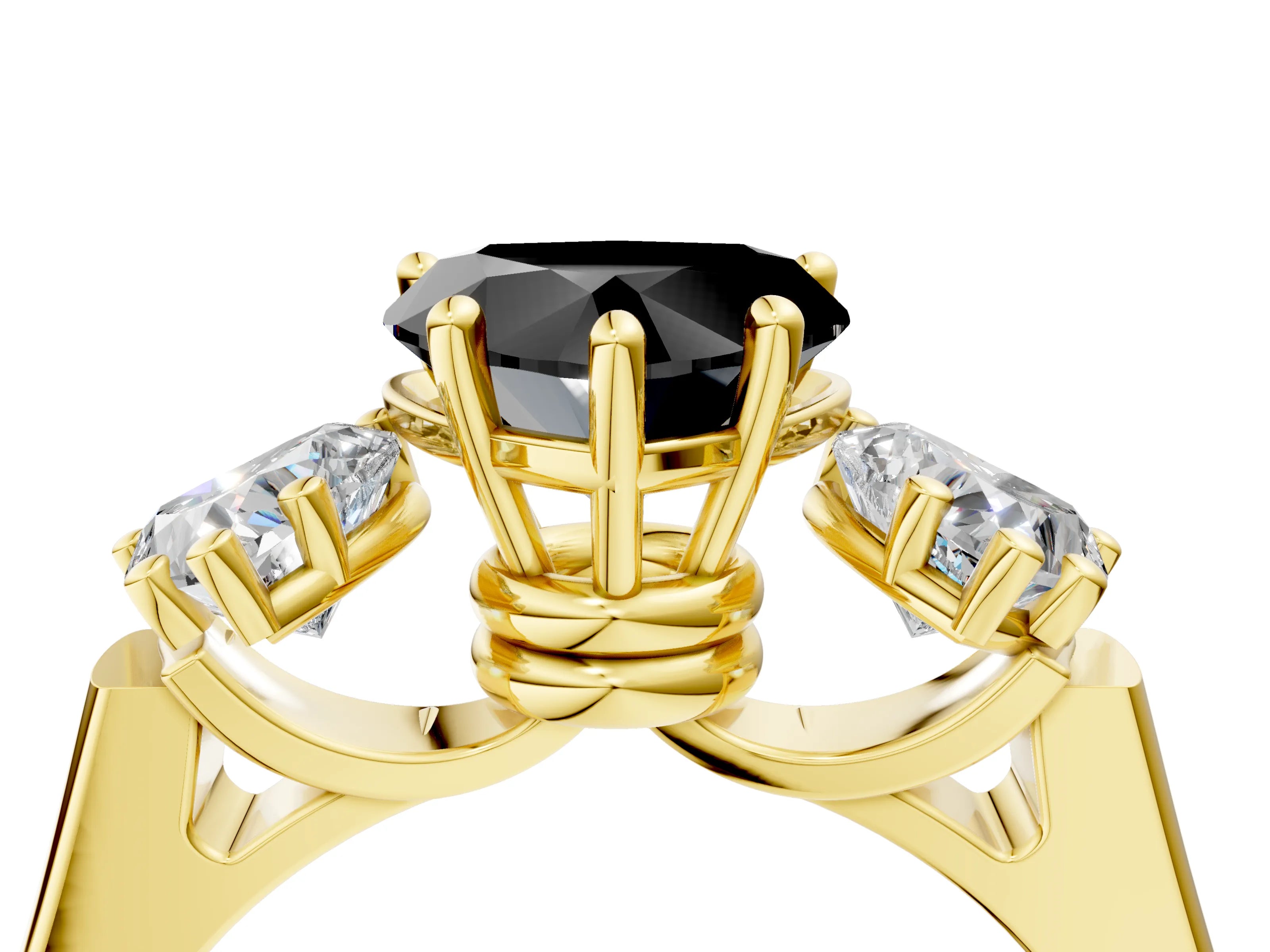 Yellow gold Three-Stone Fancy Black Heart Cut Brilliant Diamond Trellis Ring with Comfort Fit Band_4
