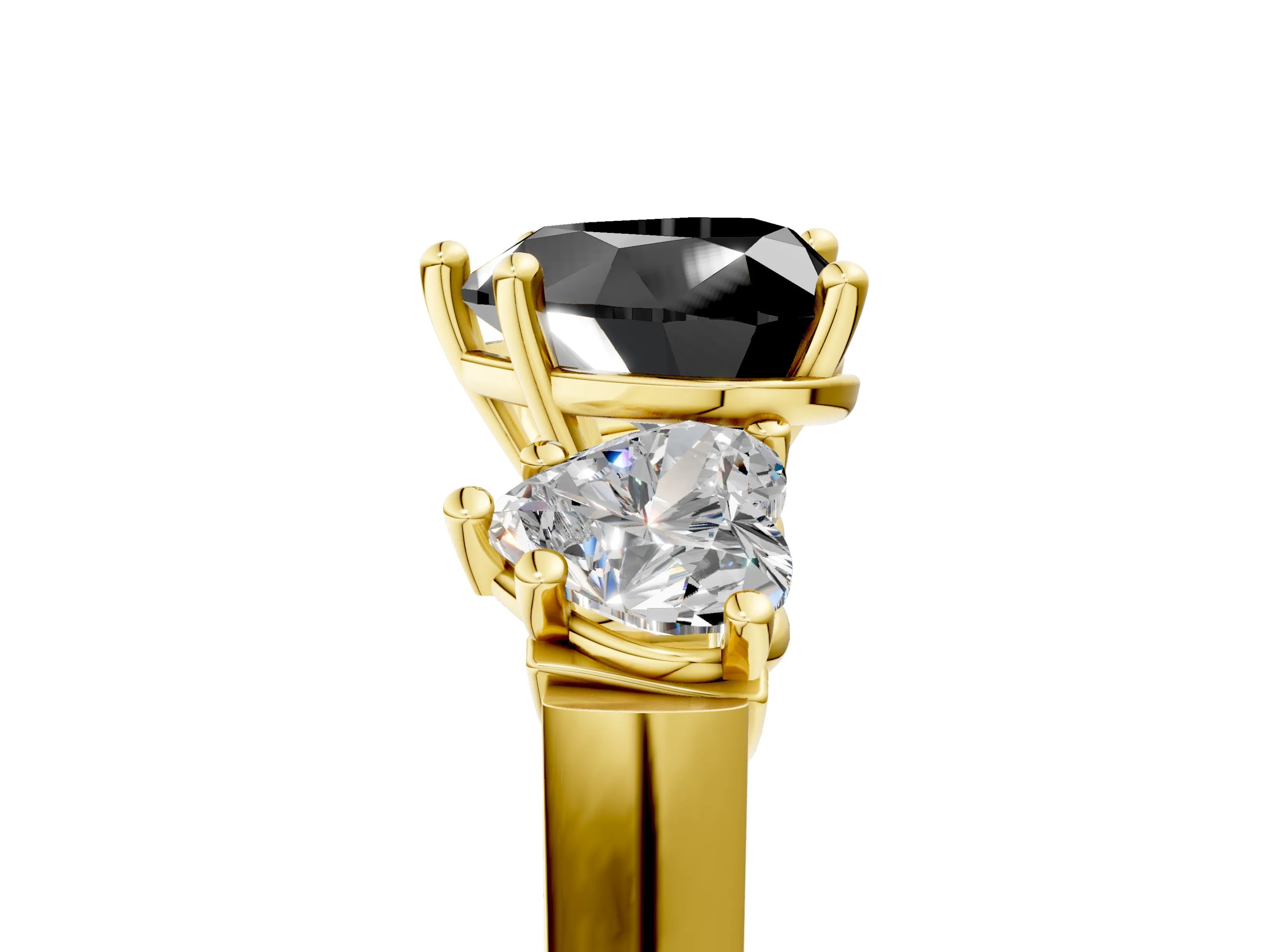 Yellow gold Three-Stone Fancy Black Heart Cut Brilliant Diamond Trellis Ring with Comfort Fit Band_5