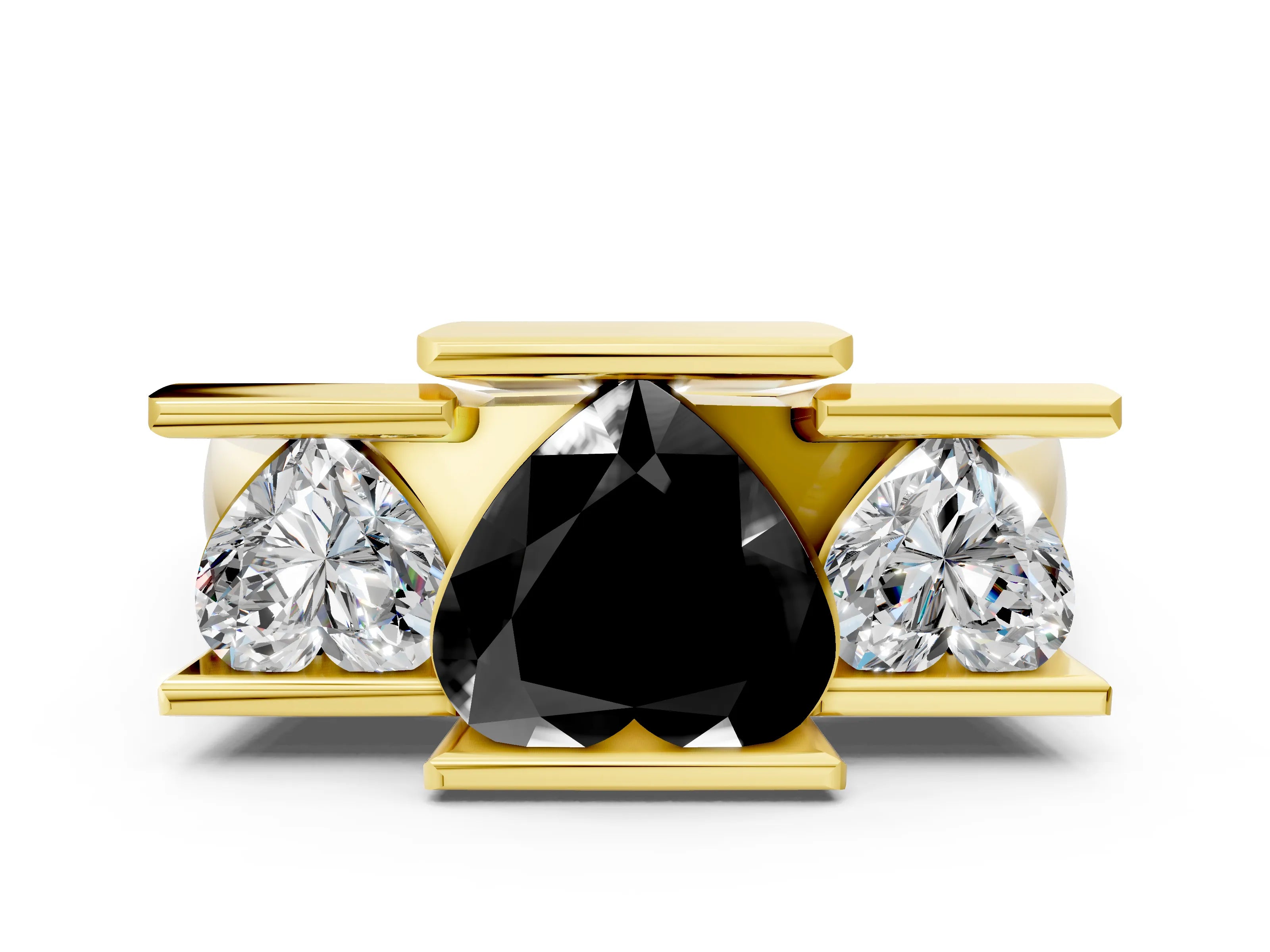 Yellow gold Three Stone Fancy Black Heart Cut Cut Channel Set Diamond Ring