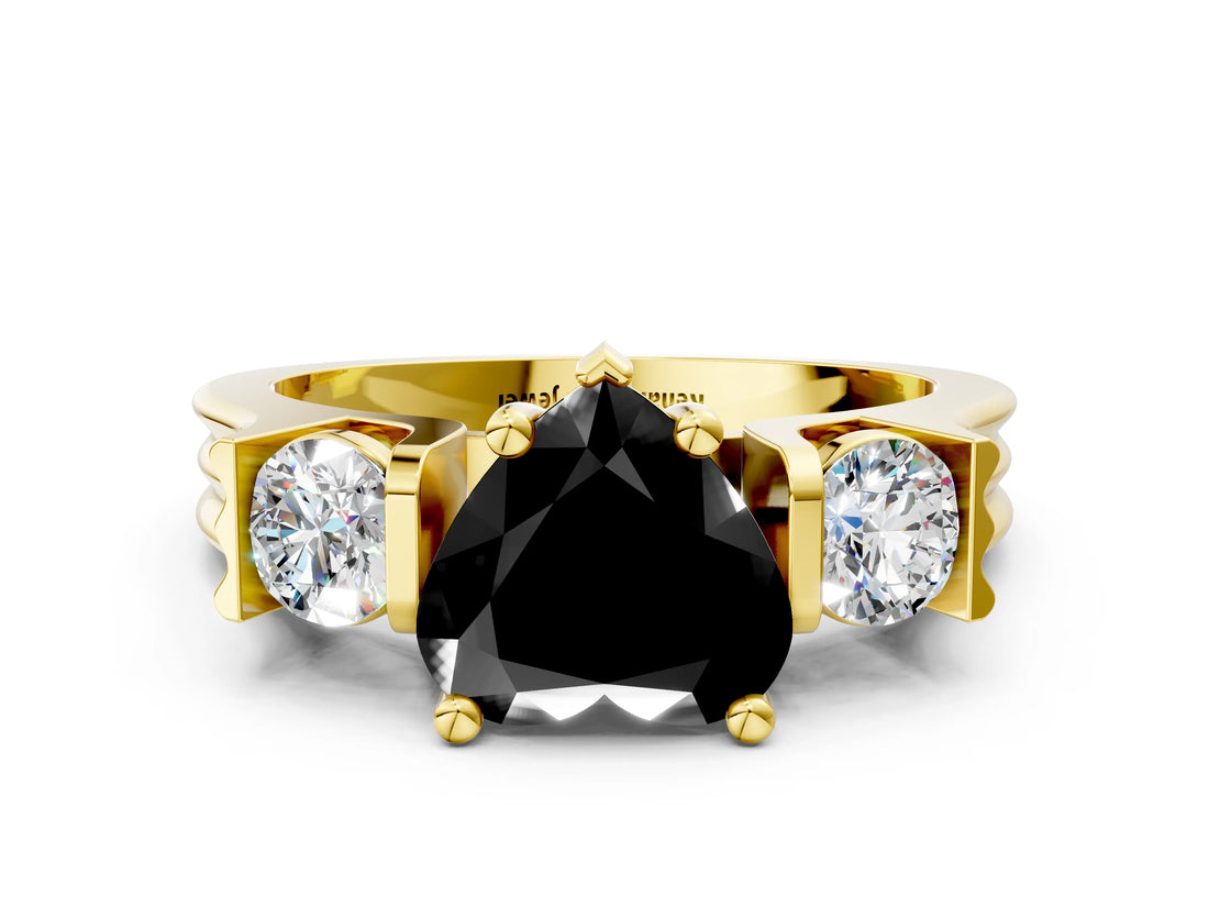 Yellow gold Three-Stone Fancy Black Heart Cut Cut Classic Band Prong Setting Ring