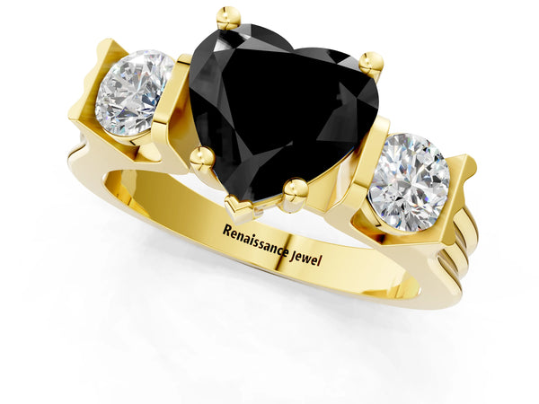 Yellow gold Three-Stone Fancy Black Heart Cut Classic Band Prong Setting Ring