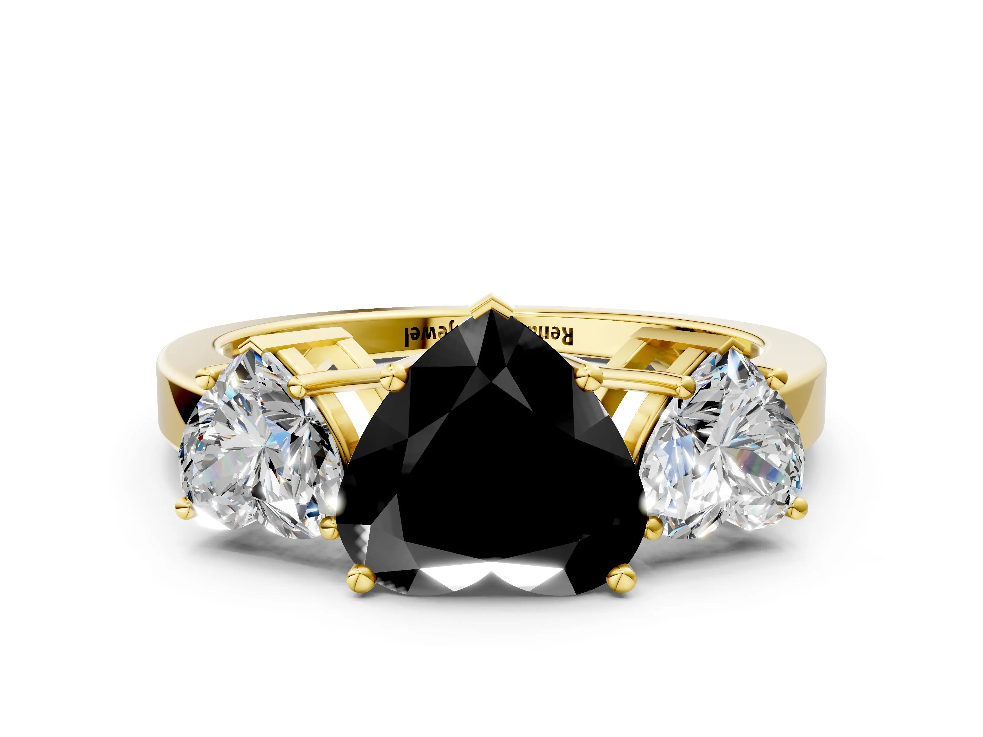 Yellow gold Three-Stone Fancy Black Heart Cut Cut Diamond Engagement Ring with Flat Band and Four-Prong Setting
