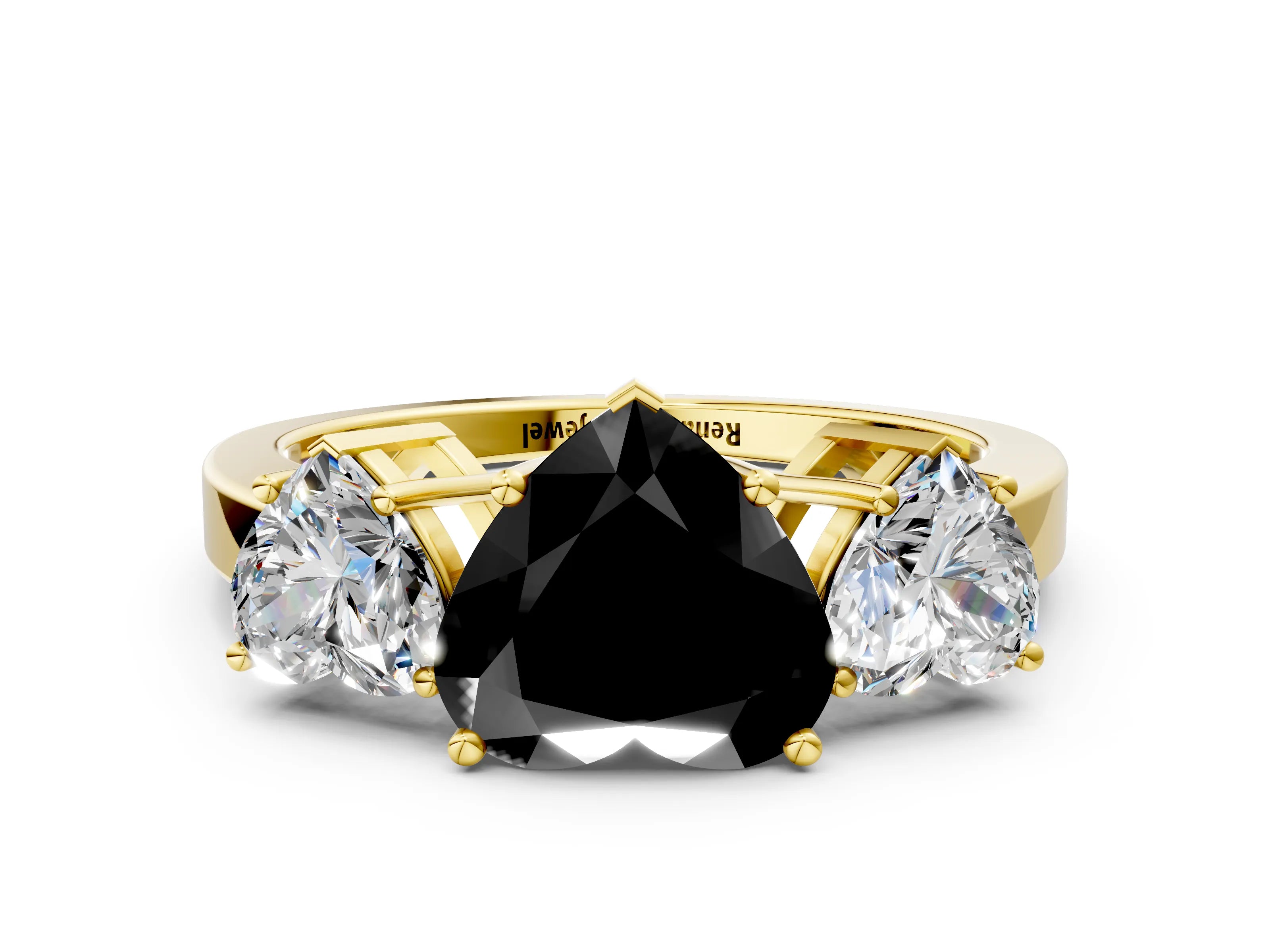 Yellow gold Three-Stone Fancy Black Heart Cut Cut Diamond Engagement Ring with Flat Band and Four-Prong Setting_12
