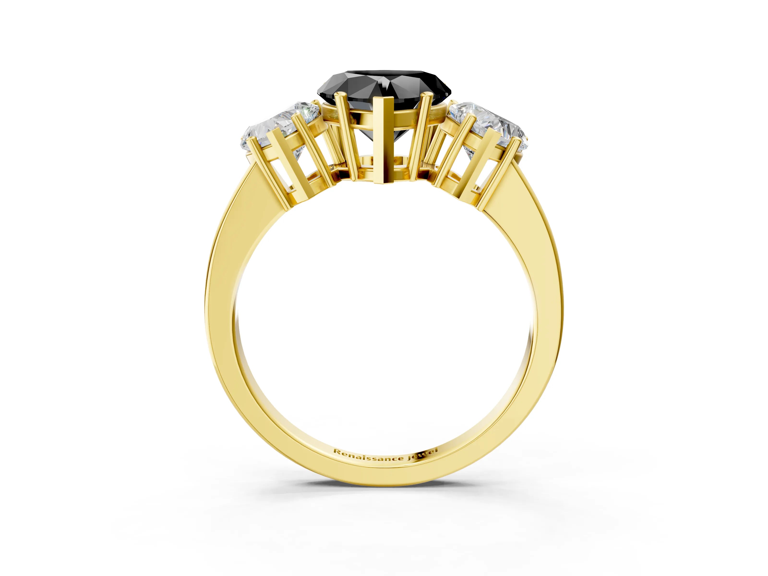 Yellow gold Three-Stone Fancy Black Heart Cut Cut Diamond Engagement Ring with Flat Band and Four-Prong Setting_3