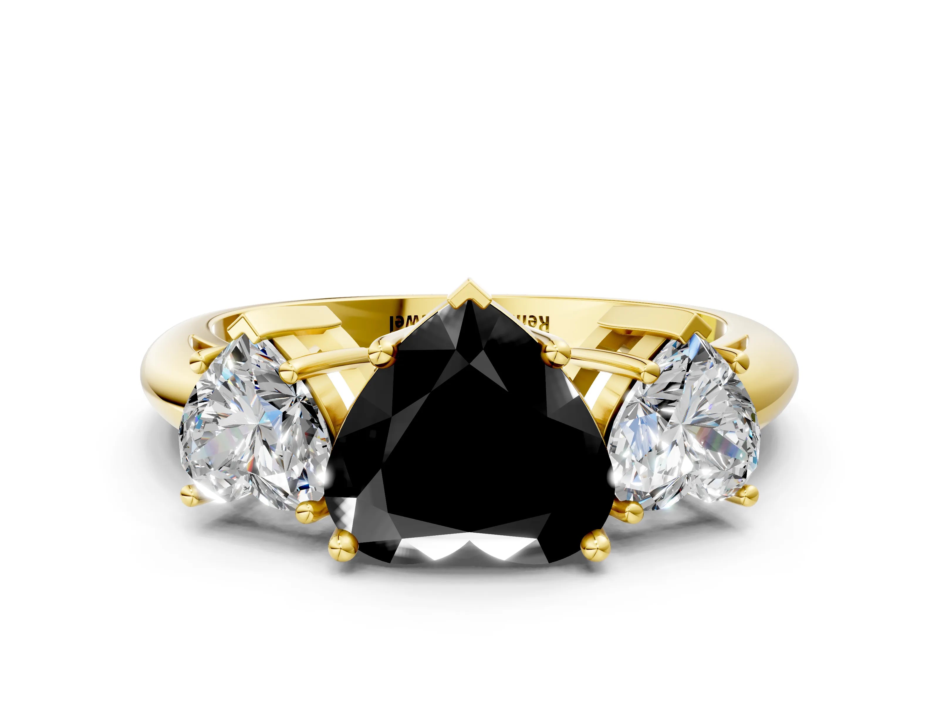 Yellow gold Three-Stone Fancy Black Heart Cut Cut Diamond Engagement Ring with Prong Setting on a White Gold Band