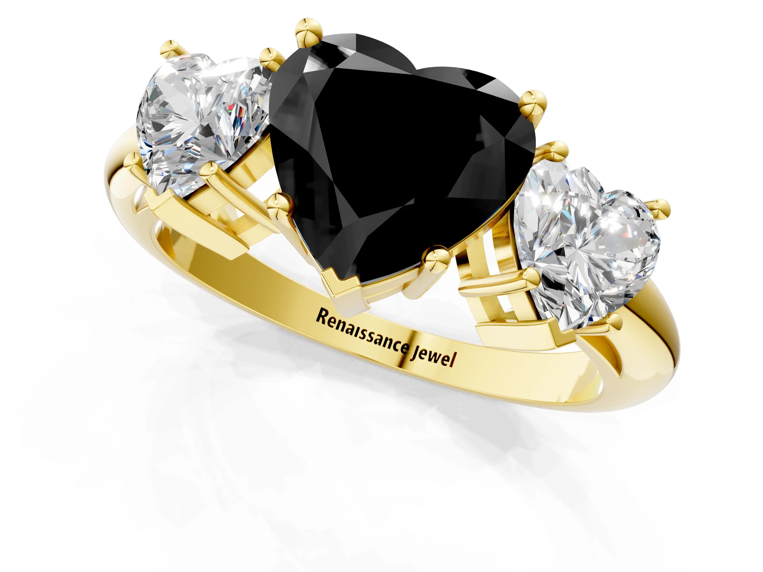 Yellow gold Three-Stone Fancy Black Heart Cut Cut Diamond Engagement Ring with Prong Setting on a White Gold Band_1