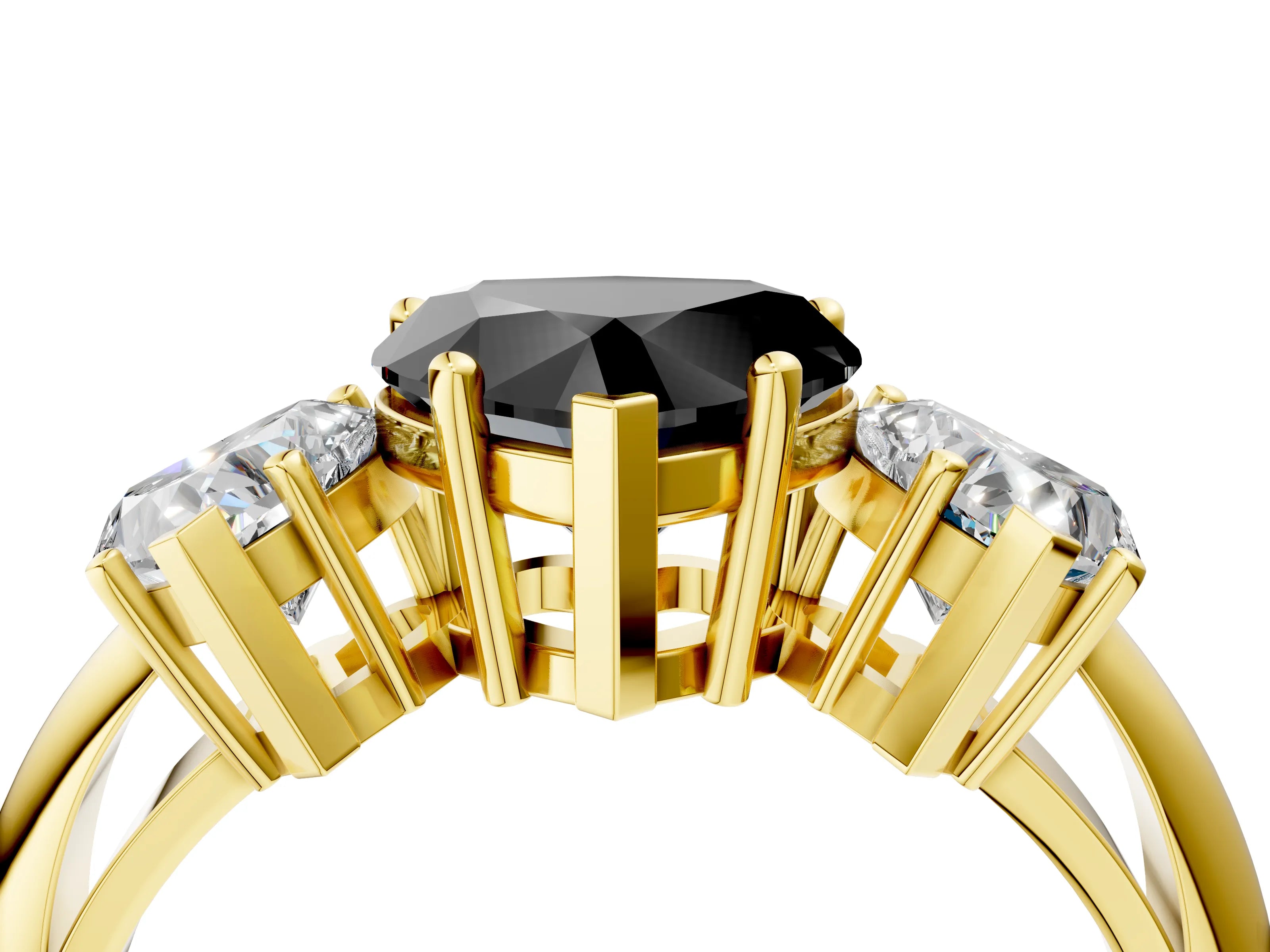 Yellow gold Three-Stone Fancy Black Heart Cut Cut Diamond Engagement Ring with Prong Setting on a White Gold Band_4