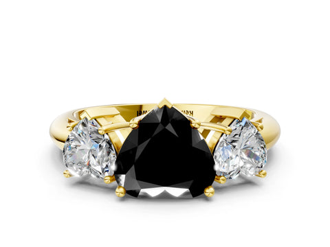 Yellow gold Three-Stone Fancy Black Heart Cut Cut Diamond Engagement Ring with Prong Setting on a White Gold Band