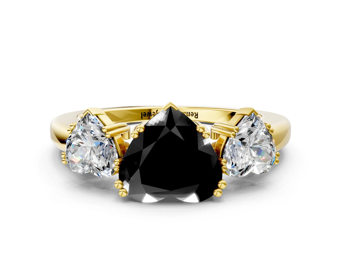 Yellow gold Three-Stone Fancy Black Heart Cut Cut Diamond Ring with Channel Set Band and Four-Prong Setting