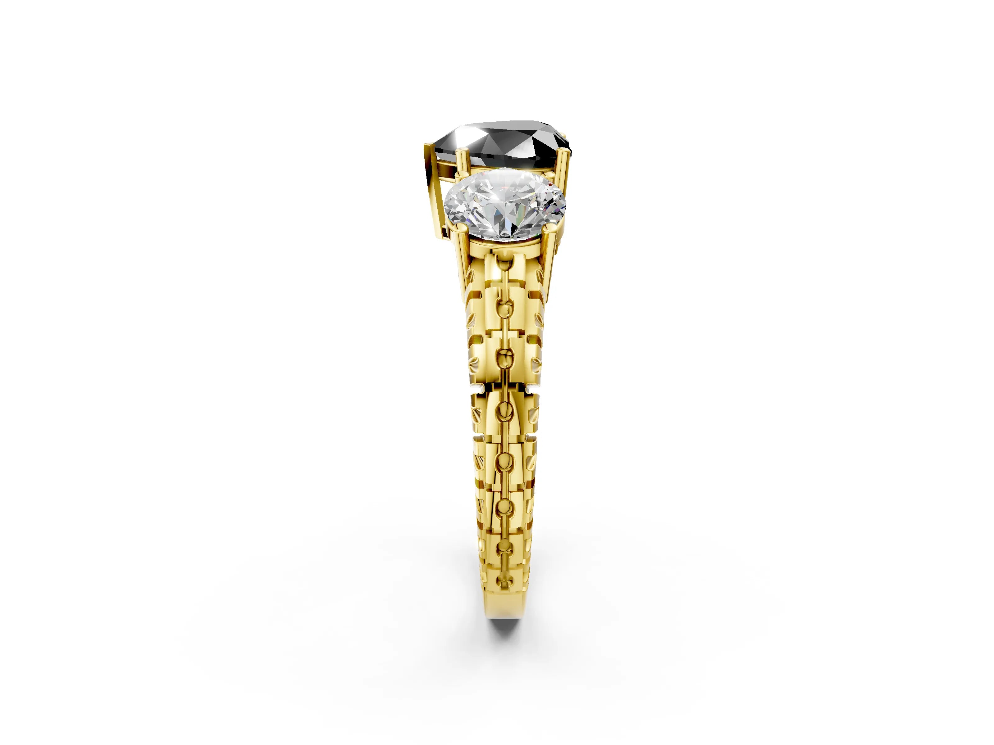 Yellow gold Three-Stone Fancy Black Heart Cut Cut Diamond Ring with Channel-Set Band and Prong Setting_2