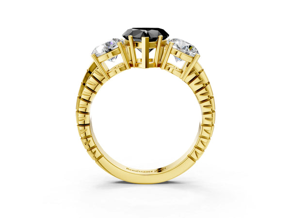 Yellow Gold Heart-Shaped Three-Stone Engagement Ring Setting for Black Center with Engraved Band