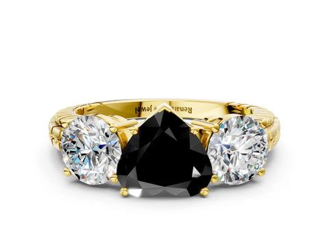 Yellow gold Three-Stone Fancy Black Heart Cut Cut Diamond Ring with Channel-Set Band and Prong Setting