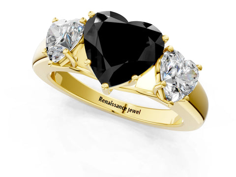 Yellow gold Three-Stone Fancy Black Heart Cut Cut Diamond Ring with Prong Setting and Classic Band_1