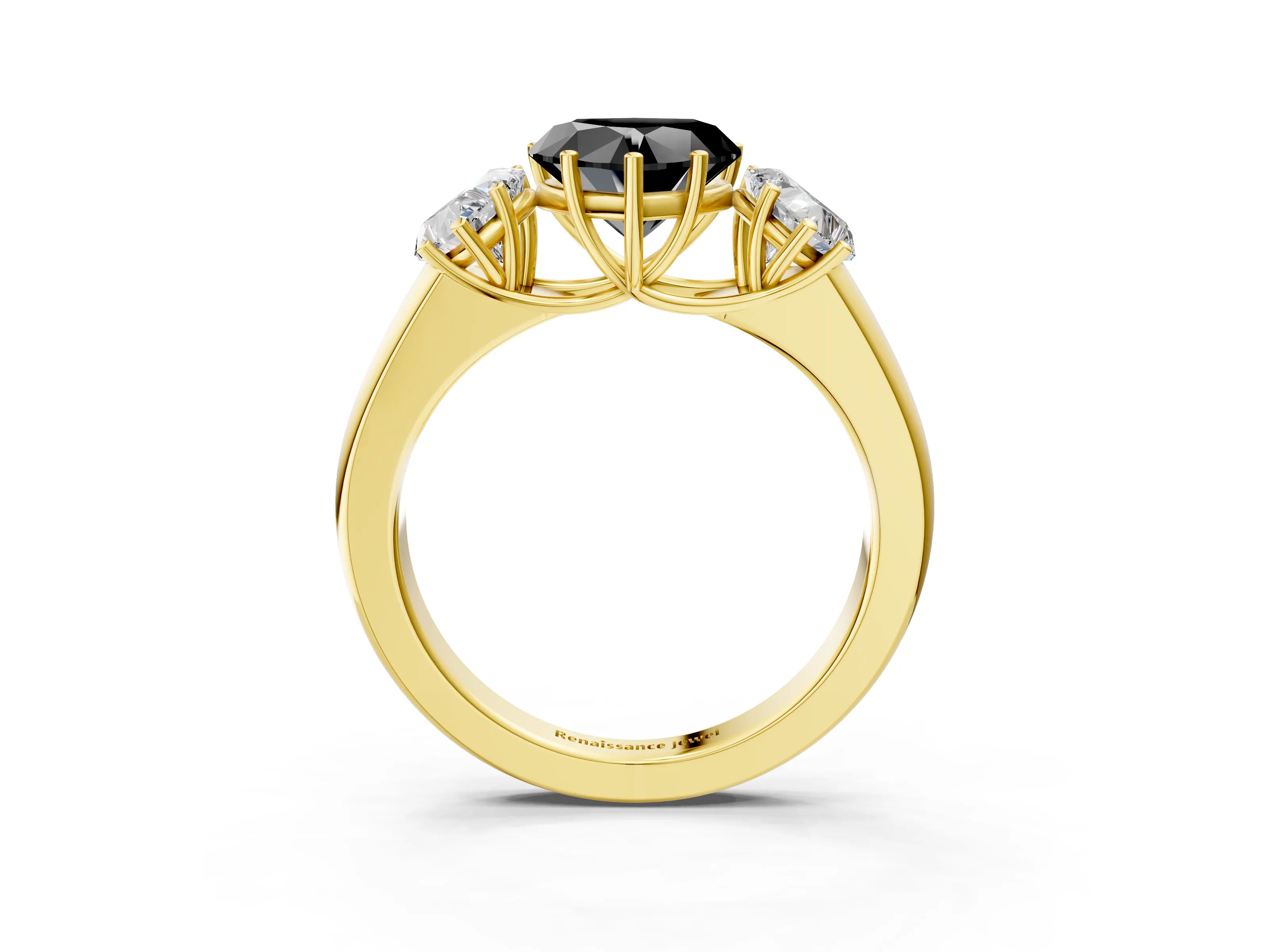 Yellow gold Three-Stone Fancy Black Heart Cut Cut Diamond Ring with Prong Setting and Classic Band_3