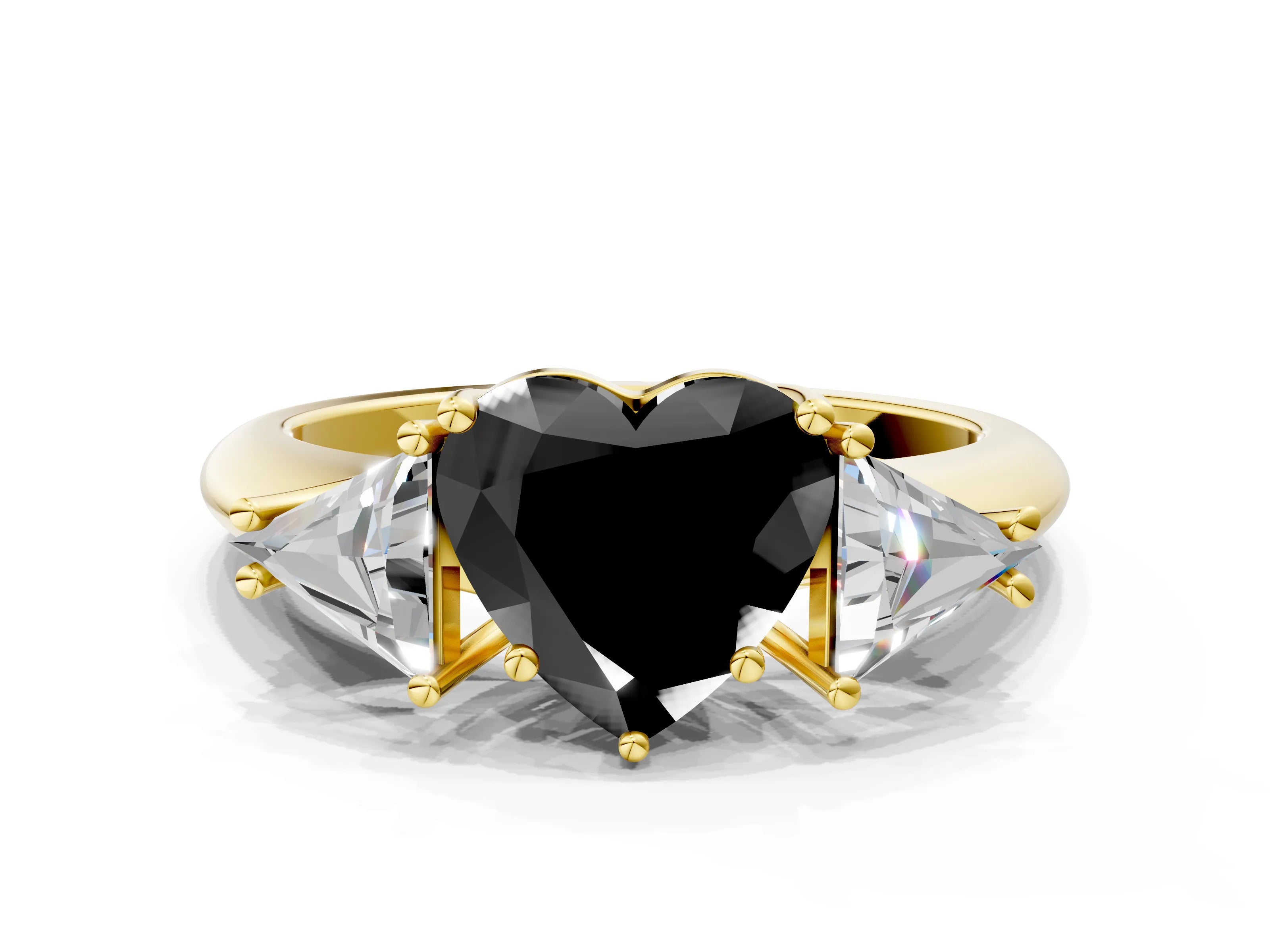 Yellow gold Three-Stone Fancy Black Heart Cut Cut Diamond Ring with Trillion Side Stones and Four-Prong Setting_3
