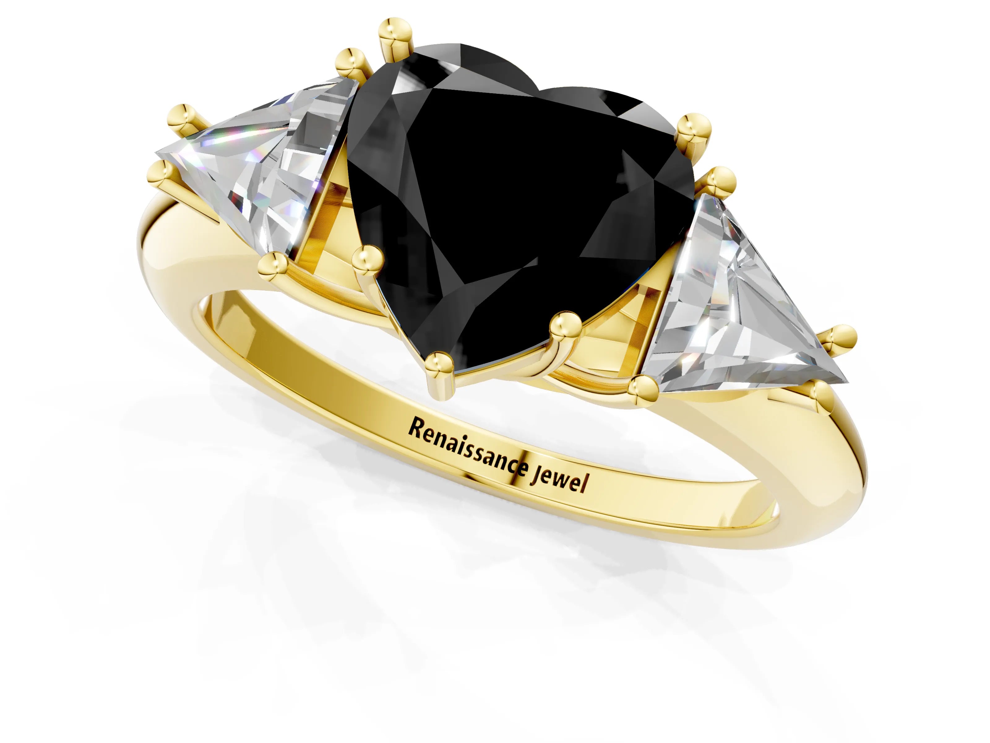 Yellow gold Three-Stone Fancy Black Heart Cut Cut Diamond Ring with Trillion Side Stones and Four-Prong Setting_4