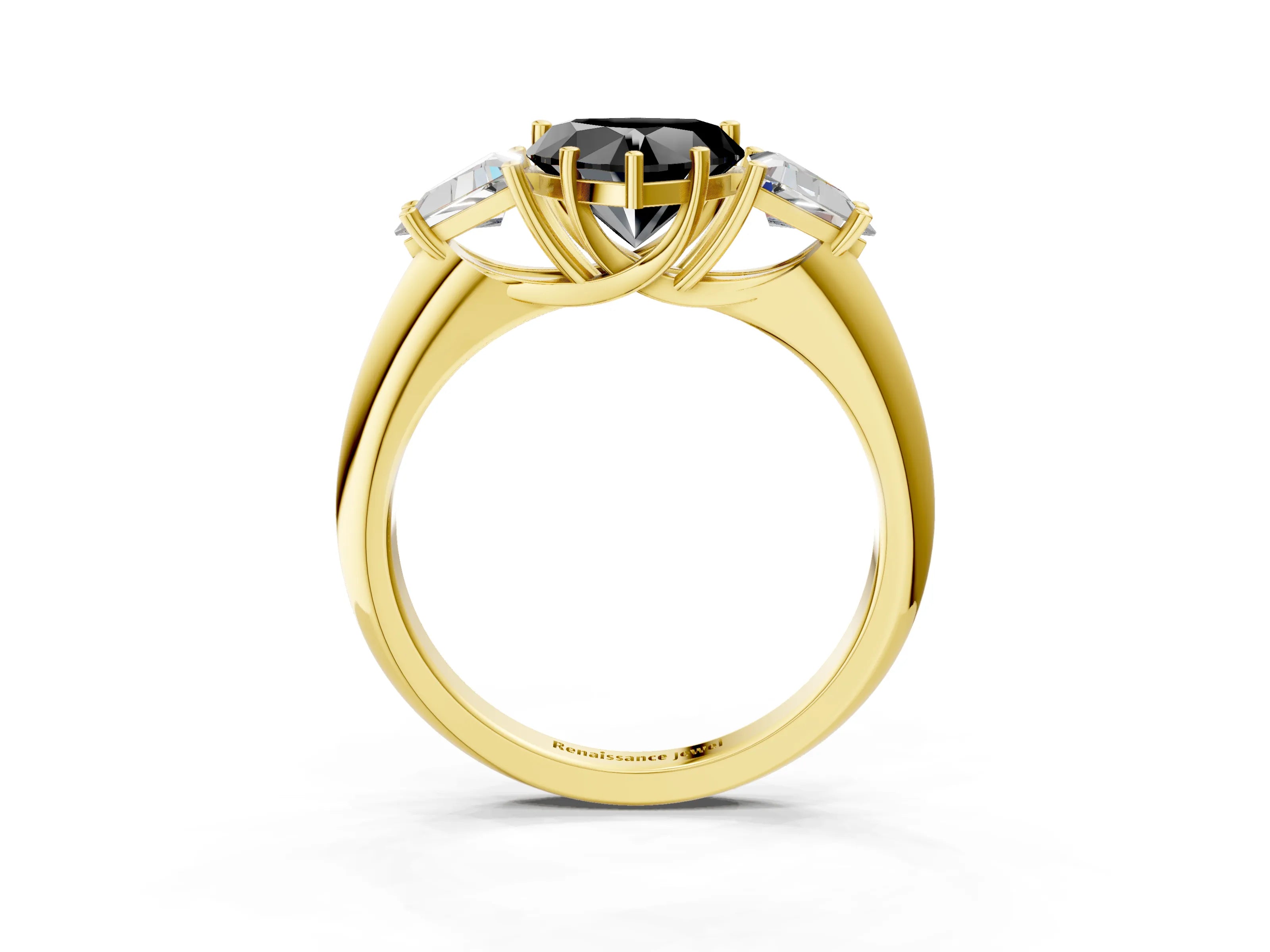 Yellow gold Three-Stone Fancy Black Heart Cut Cut Diamond Ring with Trillion Side Stones and Four-Prong Setting_6