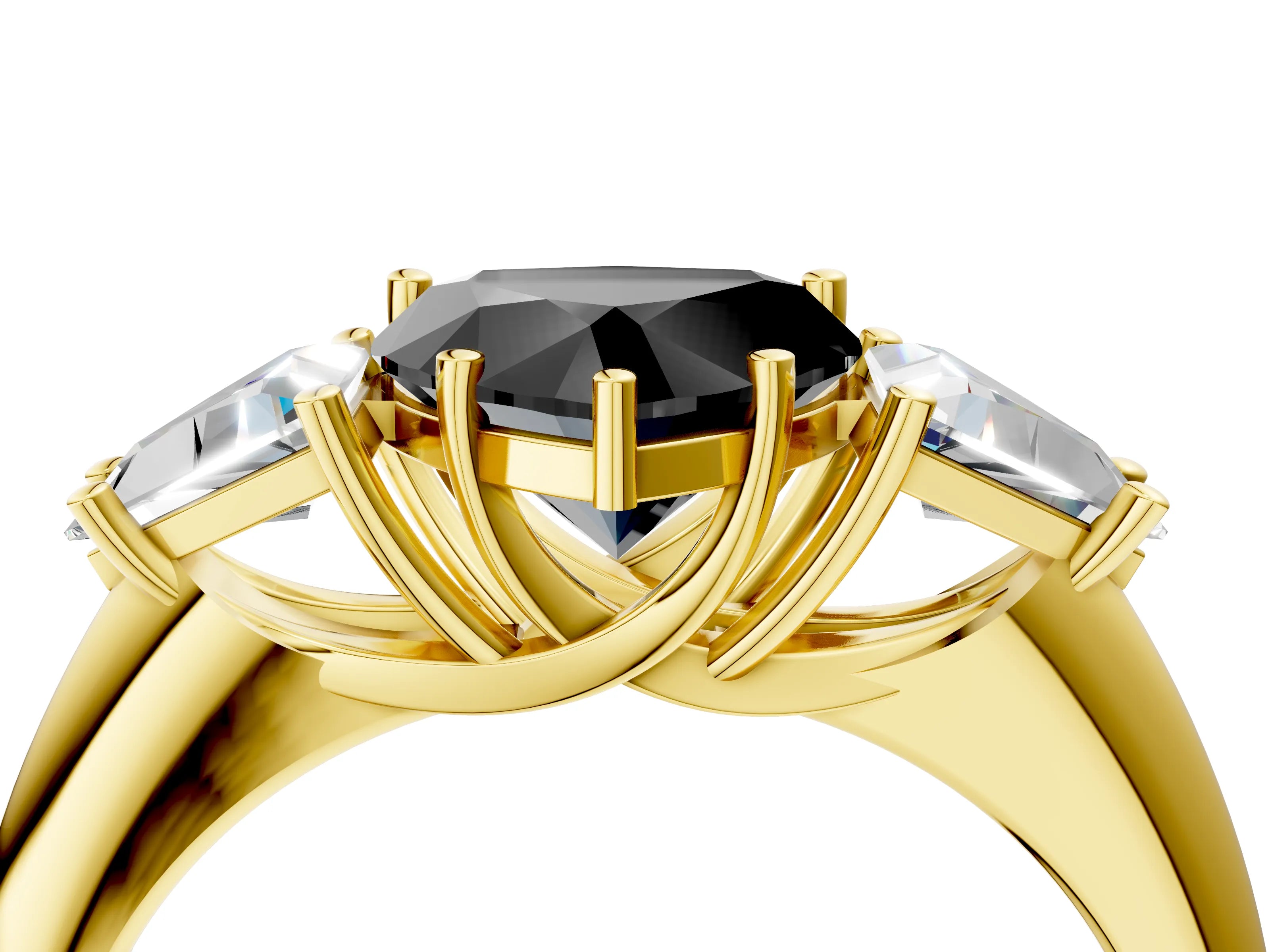 Yellow gold Three-Stone Fancy Black Heart Cut Cut Diamond Ring with Trillion Side Stones and Four-Prong Setting_7
